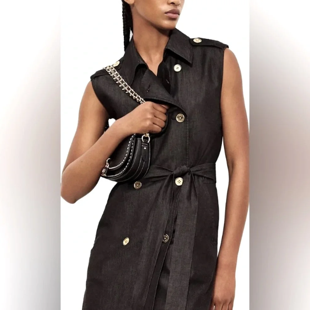 Michael Kors Black Chambray Sleeveless Coat Dress/Gold buttons/Accents - Size M